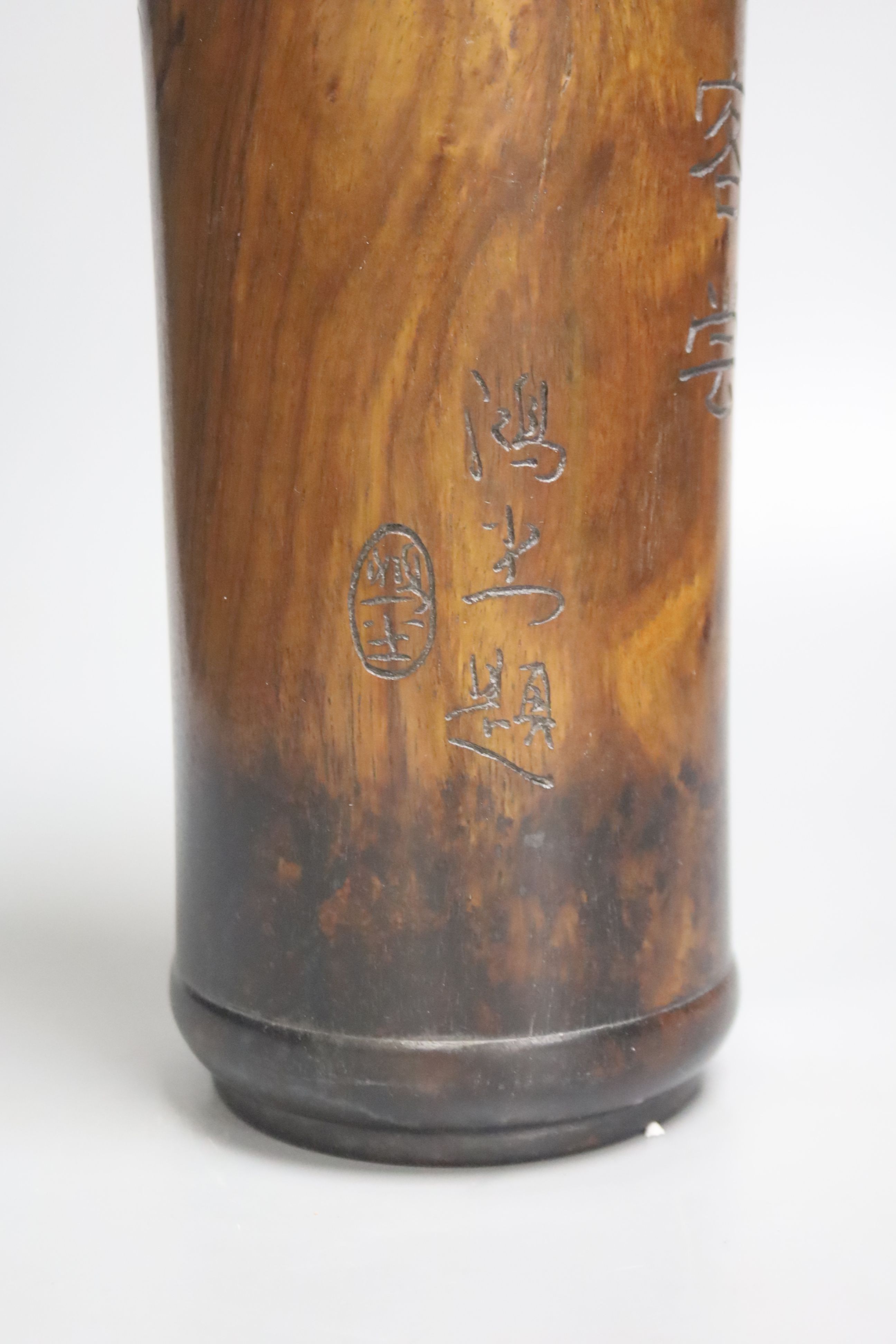 A large Chinese cylindrical wood box inlaid with mother of pearl and three Bitong / brush pots, tallest 31cm, the largest inlaid with mother of pearl, 20cm diameter